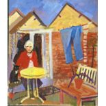 Derek Inwood (1925-2012). oil on card, "Garden with Yellow Table" (Gillian & Millie), signed, titled