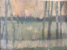 Derek Inwood (1925-2012). oil non fibreboard, lake scene through trees, unframed, artists label