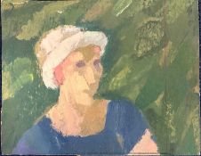 Derek Inwood (1925-2012). oil on board, Portrait of lady in hat, unframed,