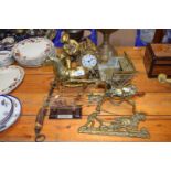 Brass horse and carriage, brass key rack, ship in a bottle, composition mantel clock etc
