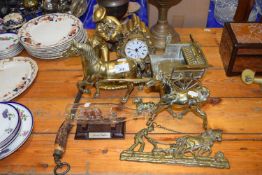 Brass horse and carriage, brass key rack, ship in a bottle, composition mantel clock etc