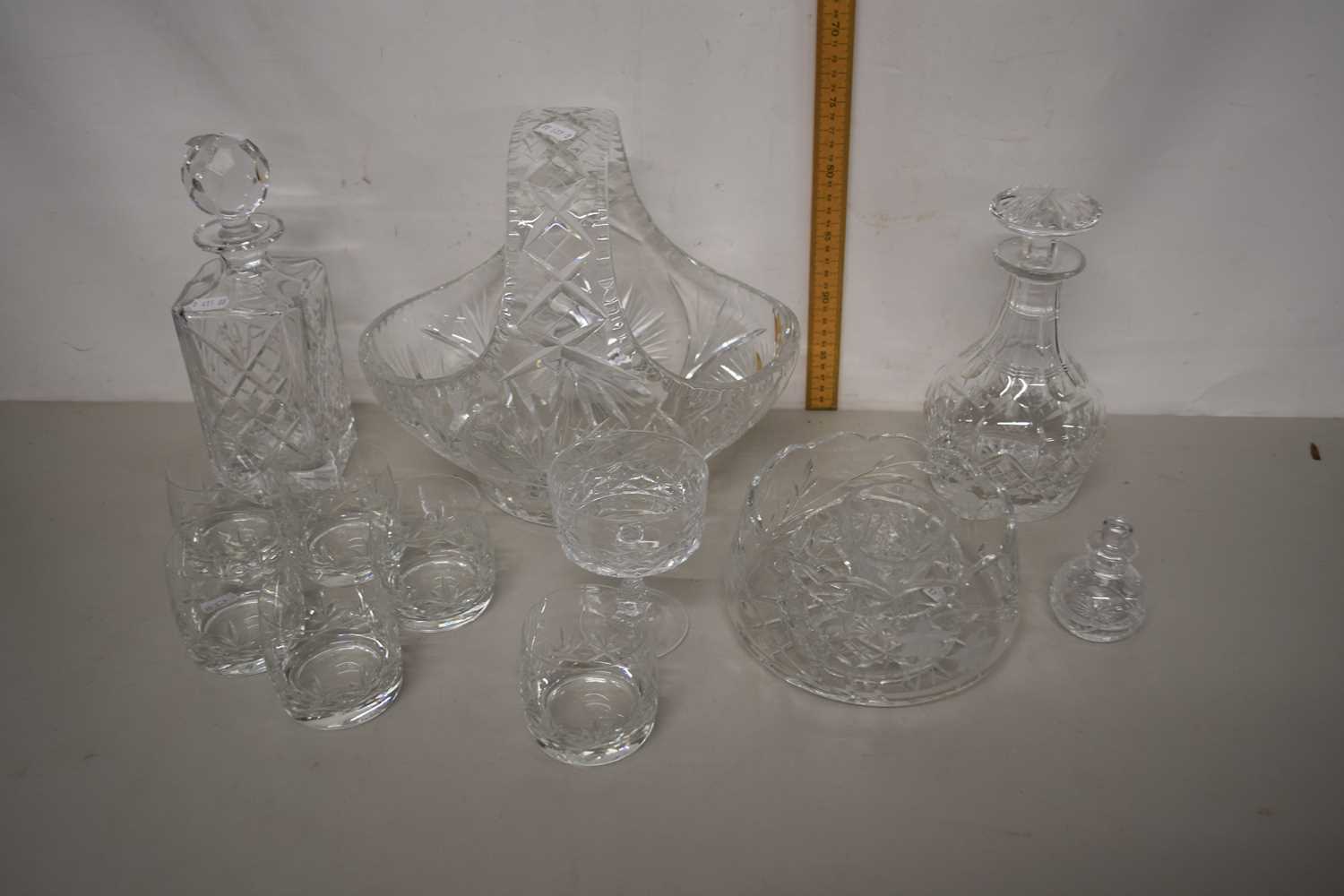 Mixed Lot: Various clear glass wares, decanters, drinking glasses, table basket etc