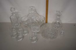 Mixed Lot: Various clear glass wares, decanters, drinking glasses, table basket etc