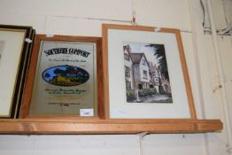 A pine framed Southern Comfort mirror together with a watercolour of a street scene, framed and