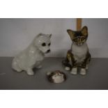 Winstanley Pottery model tabby cat, a further model of a Scottie dog and a small cat wall mask