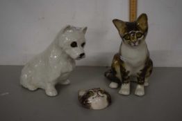 Winstanley Pottery model tabby cat, a further model of a Scottie dog and a small cat wall mask