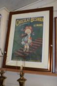 A reproduction French coloured print Chocolat Besnier, framed and glazed