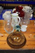 Mixed Lot: Carved wooden wall plate, various glass vases, jugs etc