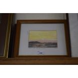 Small watercolour study of sunset at Spey Bay Golf Course together with two prints of military
