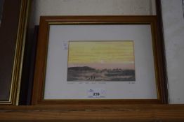 Small watercolour study of sunset at Spey Bay Golf Course together with two prints of military