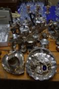 Large Mixed Lot: Various assorted silver plated wares to include tea wares, candelabra, cruet