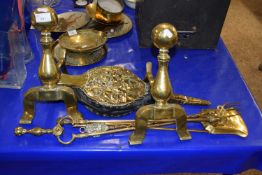 Brass fire tools, fire dogs and bellows