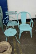 A group of three various painted metal framed garden chairs