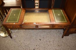 Modern mahogany display coffee table with leather covered side sections