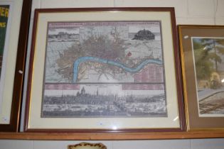 A reproduction coloured map of London, framed and glazed