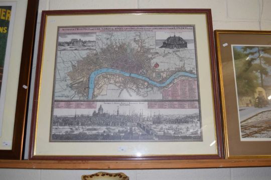 A reproduction coloured map of London, framed and glazed