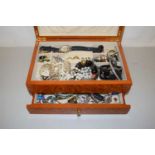 Polished wood jewellery box and various contents