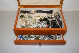 Polished wood jewellery box and various contents