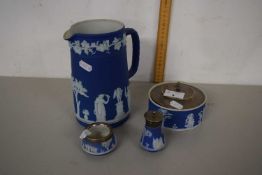 Mixed Lot: Blue jasper ware items comprising a jug, cruet items and a further covered butter dish