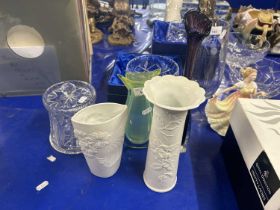 Mixed Lot: Various assorted glass and ceramic wares to include various vases, glass biscuit barrel