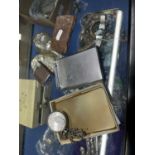 Mixed Lot: Gold plated cigarette case, various lighters and two pocket watches