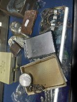 Mixed Lot: Gold plated cigarette case, various lighters and two pocket watches