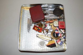 Box of various assorted pocket knives, commemorative medals, modern compass etc
