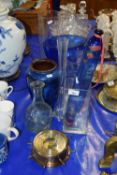 Mixed Lot: Various glass vases, blue glass rolling pin, small barometer etc