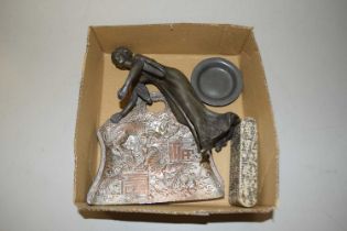 Box of various items including a table brush and tray, Spelter figure etc