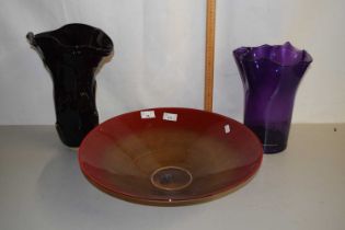 Two amethyst glass vases together with a further modern Art Glass fruit bowl (3)