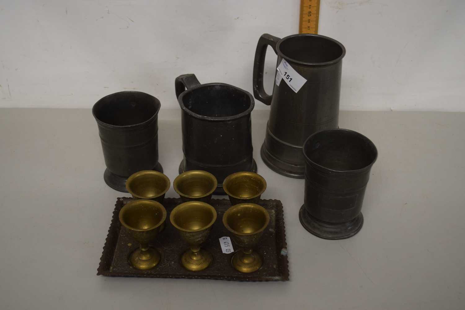Mixed Lot: Various pewter tankards, brass cups etc