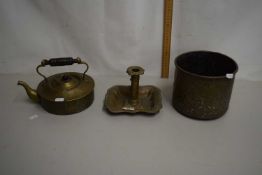 Brass kettle, chamber stick and jardiniere (3)