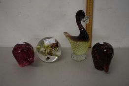 Group of glass elephants, glass duck and a paperweight (4)