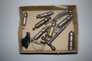 Box of various assorted vintage whistles and other items