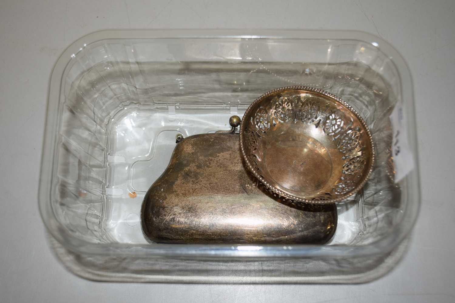 Small silver bonbon dish together with a silver plated purse