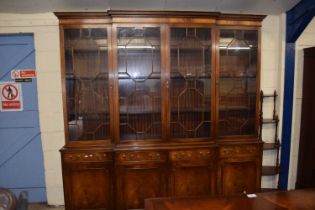 Bevan & Funnell Reprodux mahogany break front bookcase cabinet, 220cm wide