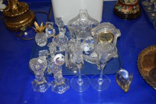 Mixed Lot: Various glass wares to include a Waterford Crystal mantel clock, various crystal animals,