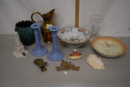 Mixed Lot: Brass jug, letter clip, Great Yarmouth crested china monument, various ceramics,