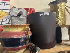 Mixed Lot: Jardiniere, brass stick stand, brushes, waste paper bin etc