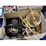 Two free standing wooden miniature mannequins, trinket boxes, flat ware etc