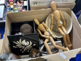 Two free standing wooden miniature mannequins, trinket boxes, flat ware etc
