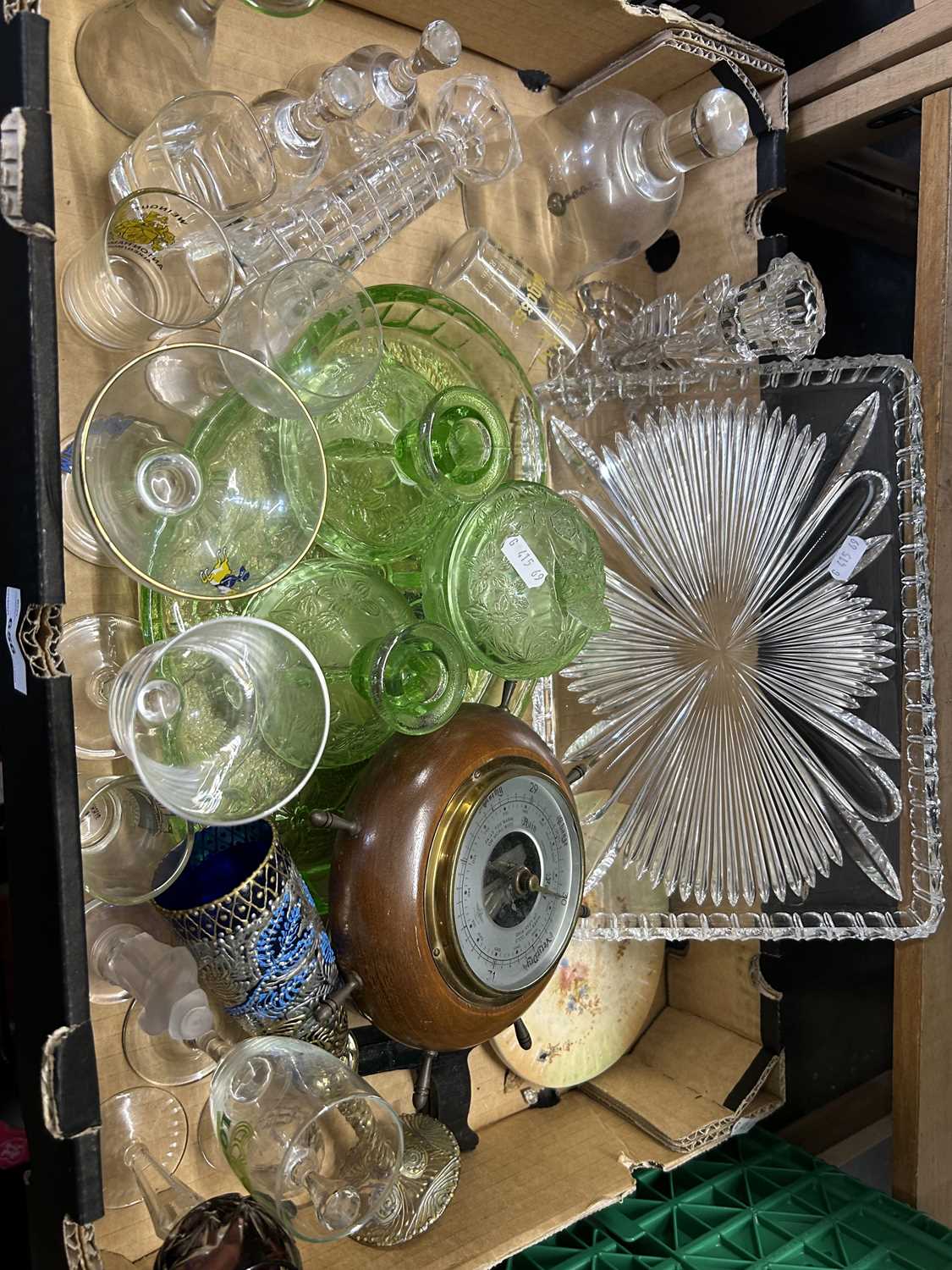 Mixed Lot: Green glass dressing table set, wall mounted barometer etc