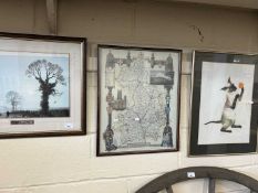A map of Cambridgeshire, landscape print and a print of a Siamese cat