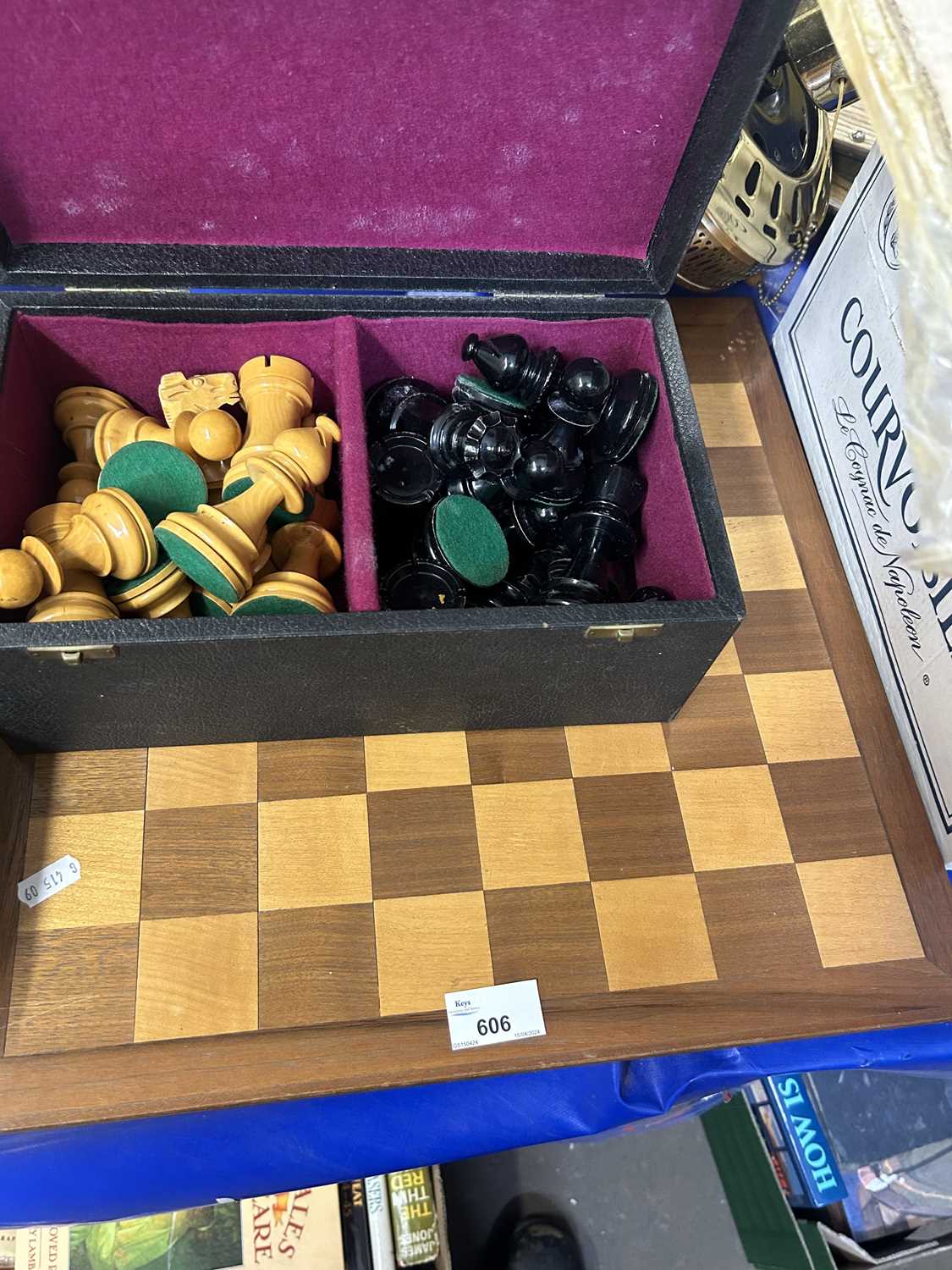 Wooden chess board and pieces