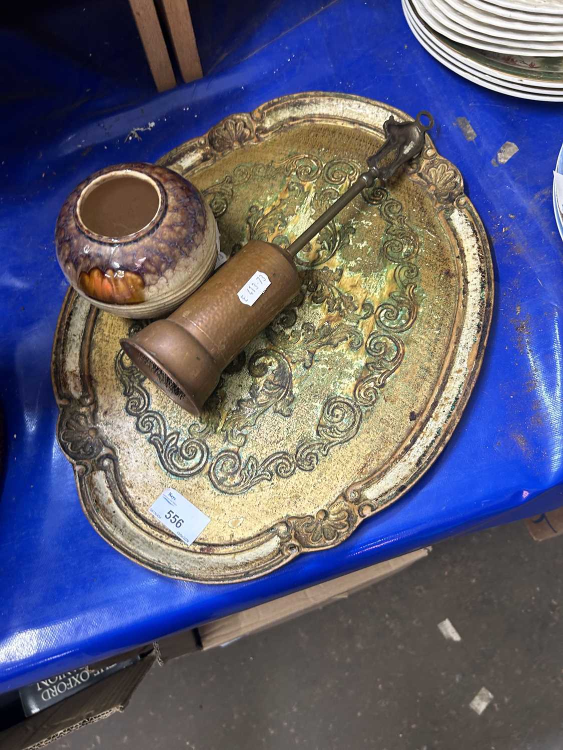 A serving tray, fire brush and a small vase (3)