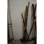 Bundle of implements to include hoe's, lifting fork, hooks etc