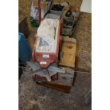 A wooden framed hand seed sower together with two wooden tool boxes