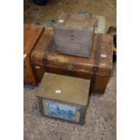 A vintage tin travelling trunk together with two other boxes