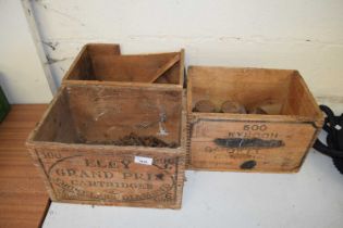 Three vintage wooden boxes including various ironmongery