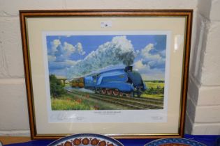 After Kevin Tweddell, Mallard The Record Breaker, coloured railway print, framed and glazed
